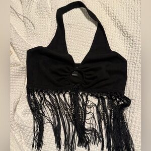 Windsor Black Fringe Halter Crop Top